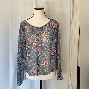 Women’s top by Living Doll blue with pink roses for summer